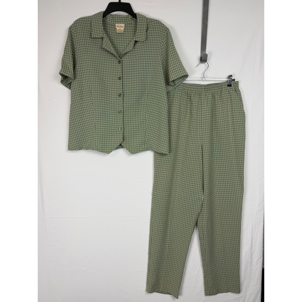 Bobbie Brooks Women Pants Set 12 Green Plaid Short Sleeve Button Up Trousers